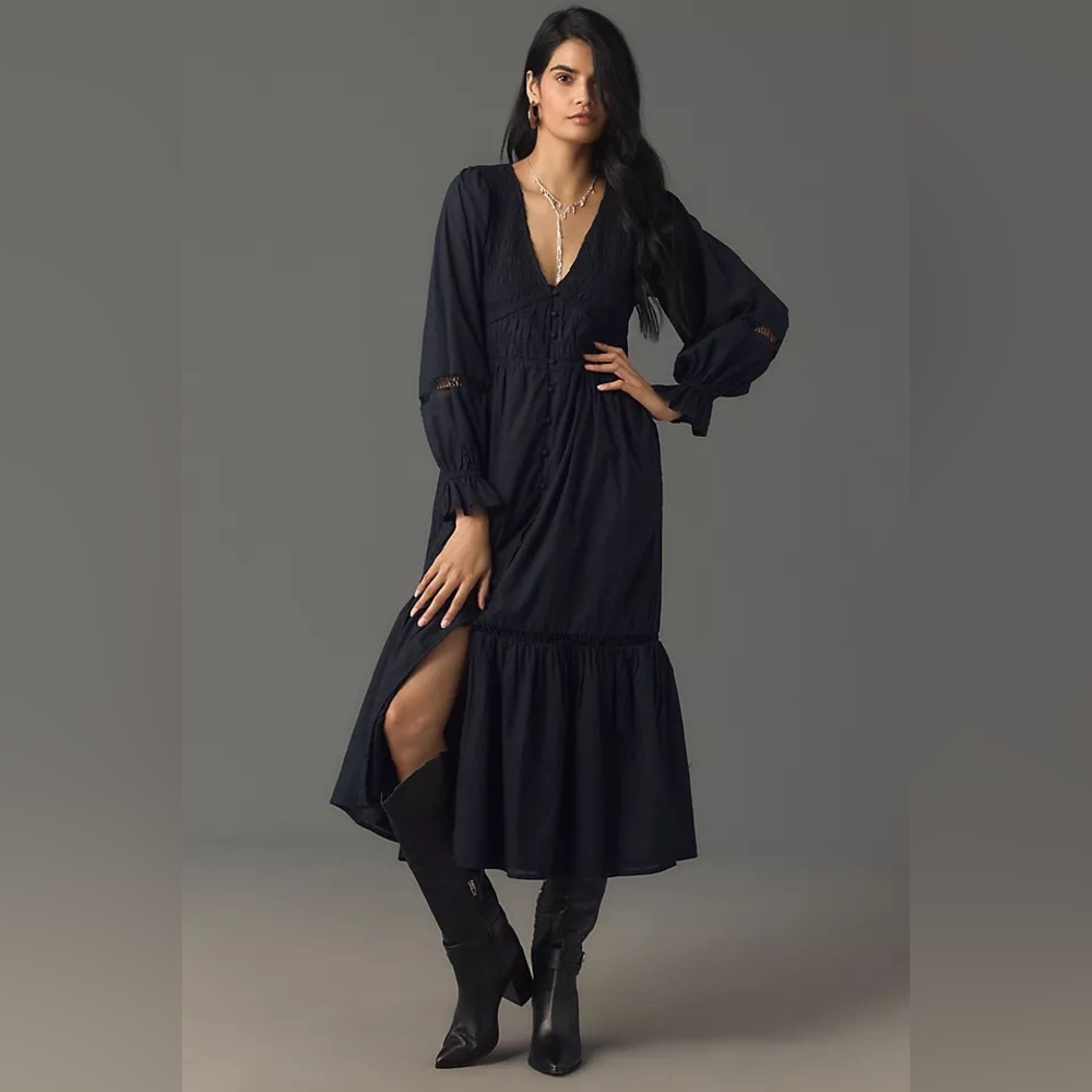 NWT Anthropologie The Peregrine Long Sleeve Midi Dress in Black size XXS
